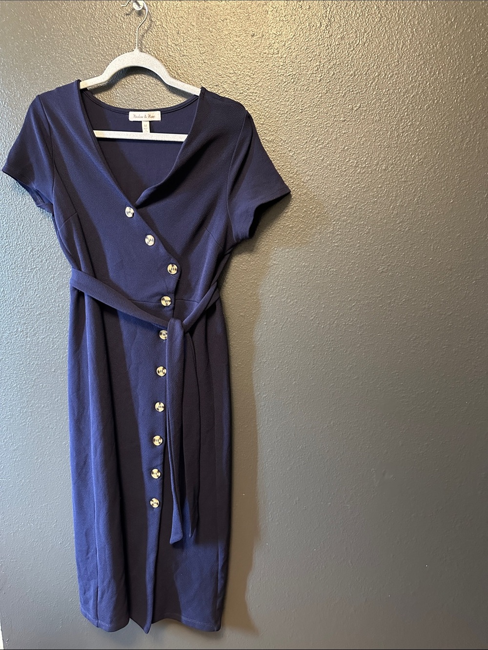 Chelsea & Violet Navy Button Diagonal-Front Midi Dress with Belt
